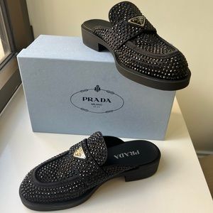PRADA Satin Crystal Loafer Mules Size 41